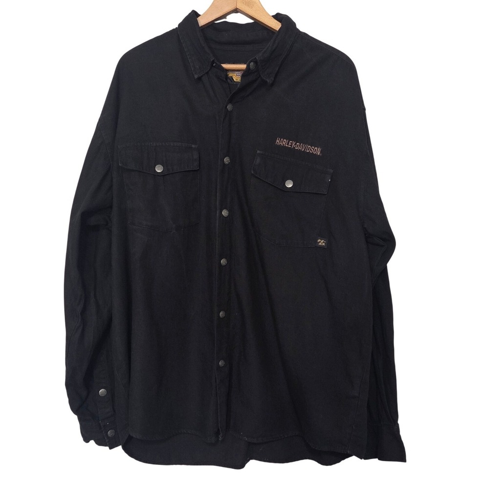 Harley Davidson Vintage Y2K Biker Mens XL Black Cotton Snap Front Shacket Shirt